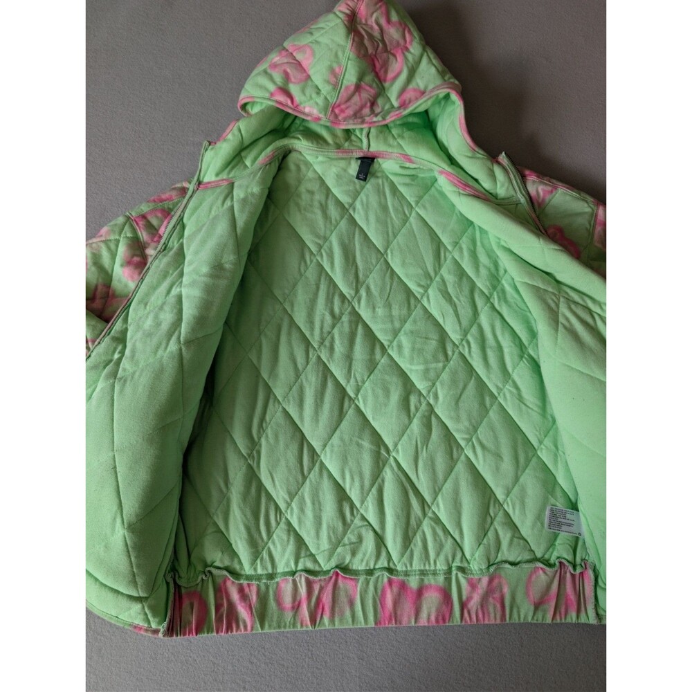 Mint Green Pink Floral Quilted Hooded Puffer Statement Jacket Zip Up Size L - Picture 10 of 11